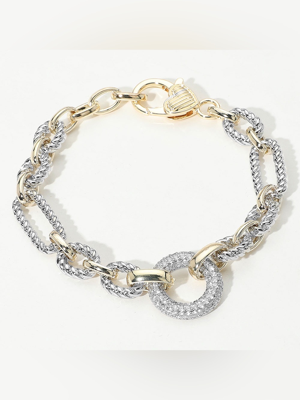 14K Gold Plated CZ Stone Paved Ring Link Two Tone Bracelet